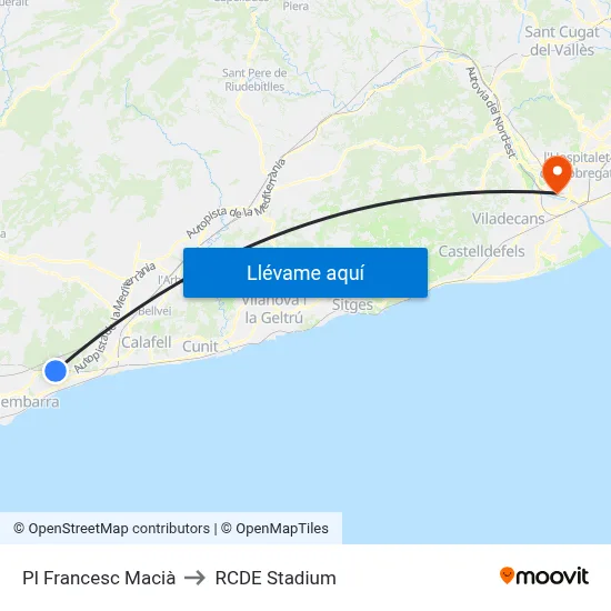 Pl Francesc Macià to RCDE Stadium map