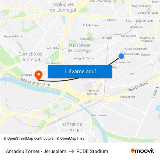 Amadeu Torner - Jerusalem to RCDE Stadium map