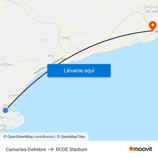 Camarles-Deltebre to RCDE Stadium map