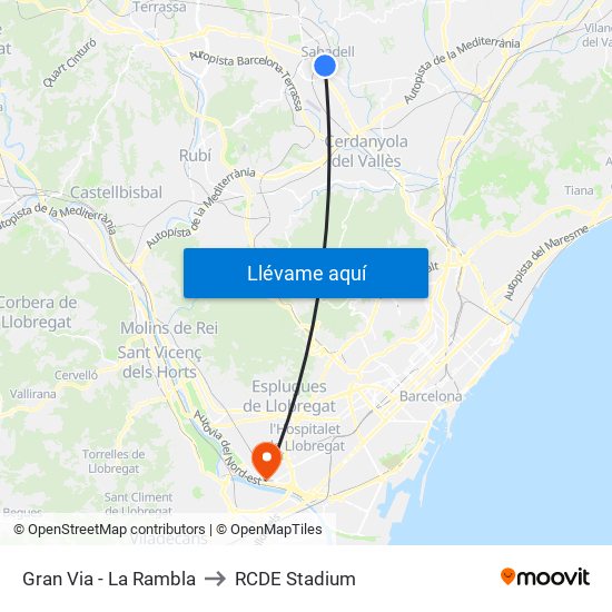 Gran Via - La Rambla to RCDE Stadium map