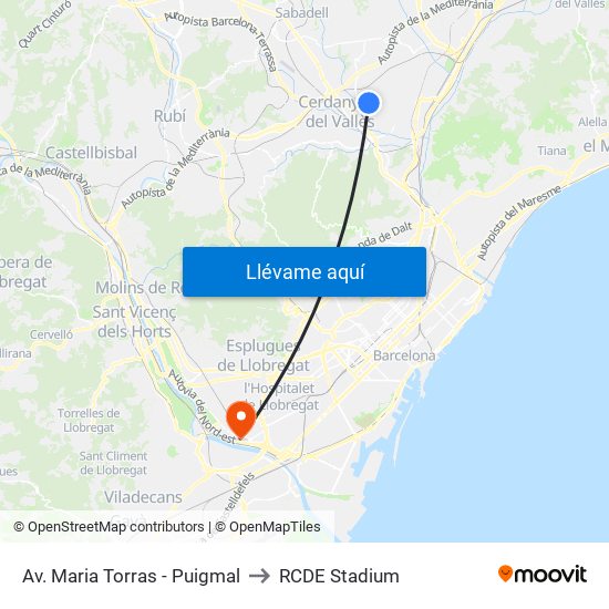 Av. Maria Torras - Puigmal to RCDE Stadium map