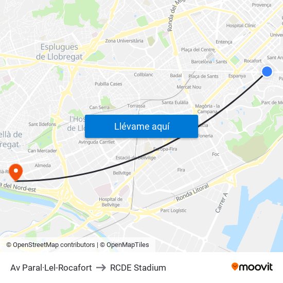 Av Paral·Lel-Rocafort to RCDE Stadium map