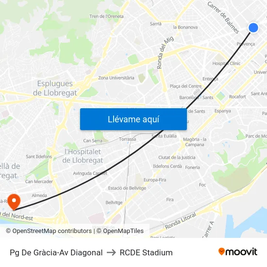 Pg De Gràcia-Av Diagonal to RCDE Stadium map