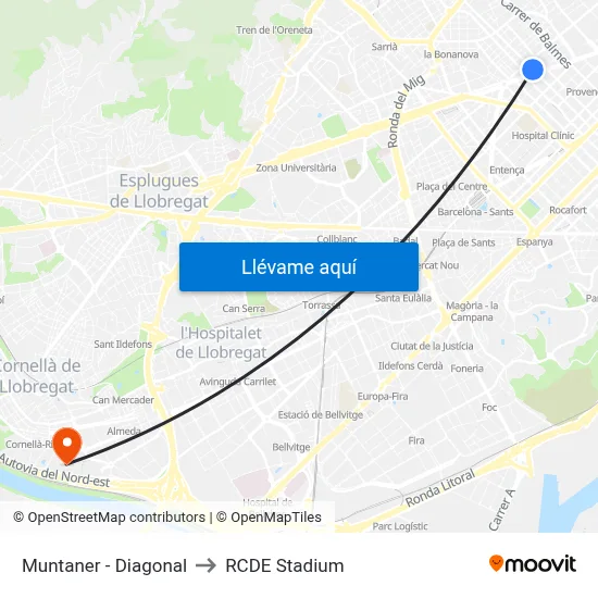 Muntaner - Diagonal to RCDE Stadium map