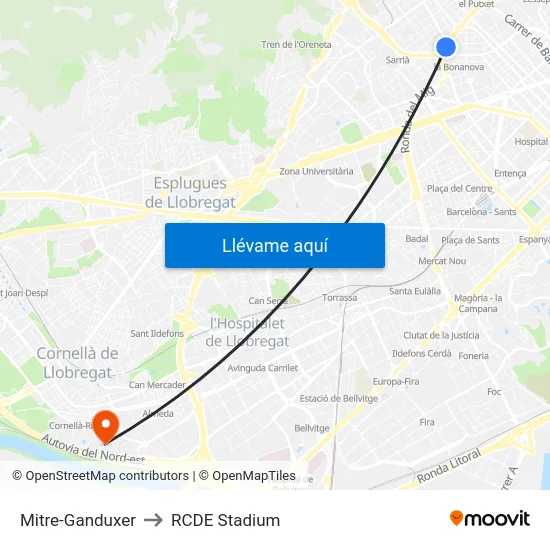 Mitre-Ganduxer to RCDE Stadium map