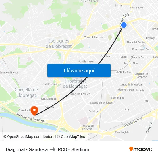 Diagonal - Gandesa to RCDE Stadium map