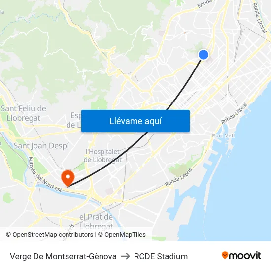 Verge De Montserrat-Gènova to RCDE Stadium map