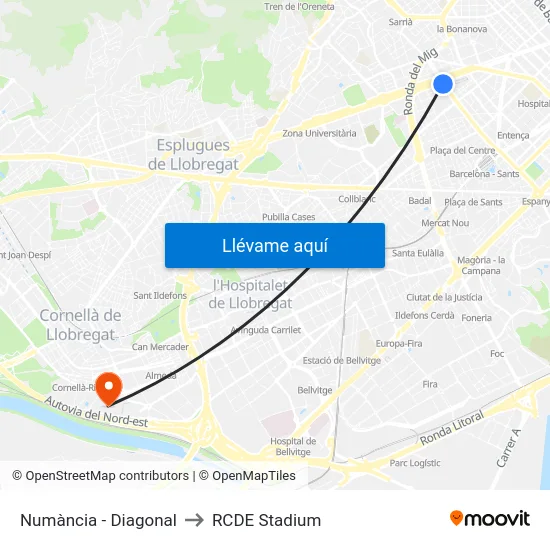 Numància - Diagonal to RCDE Stadium map
