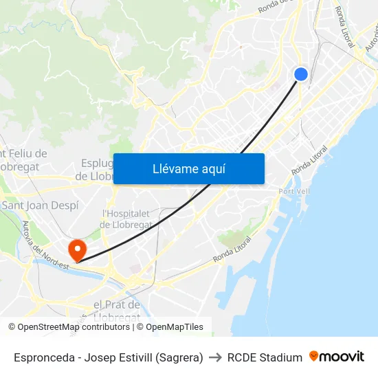 Espronceda - Josep Estivill (Sagrera) to RCDE Stadium map