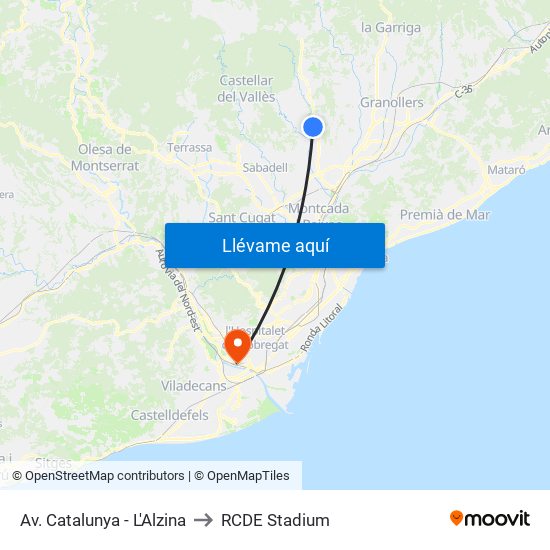 Av. Catalunya - L'Alzina to RCDE Stadium map