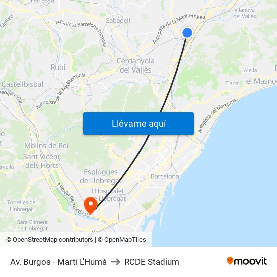 Av. Burgos - Martí L'Humà to RCDE Stadium map