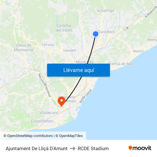 Ajuntament De Lliçà D'Amunt to RCDE Stadium map
