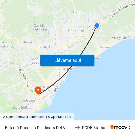 Estació Rodalies De Llinars Del Vallès to RCDE Stadium map