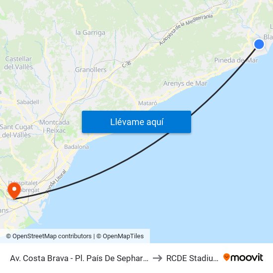 Av. Costa Brava - Pl. País De Sepharad to RCDE Stadium map