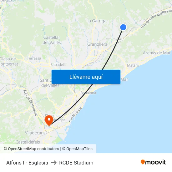 Alfons I - Església to RCDE Stadium map