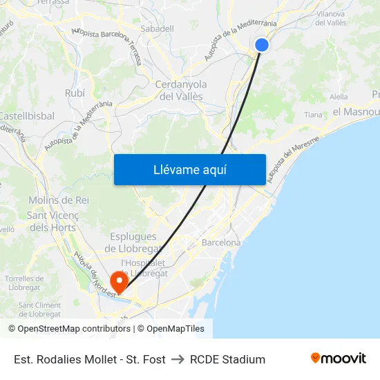 Est. Rodalies Mollet - St. Fost to RCDE Stadium map