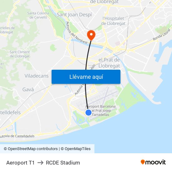 Aeroport T1 to RCDE Stadium map