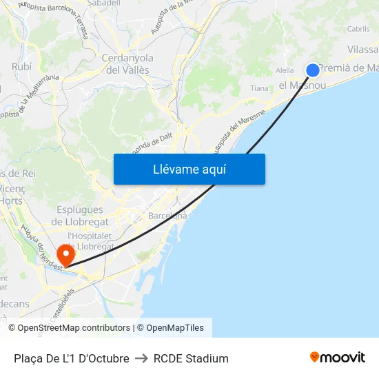 Plaça De L'1 D'Octubre to RCDE Stadium map