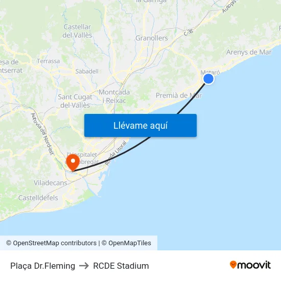 Plaça Dr.Fleming to RCDE Stadium map