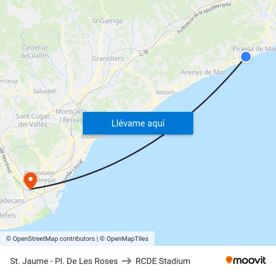 St. Jaume - Pl. De Les Roses to RCDE Stadium map