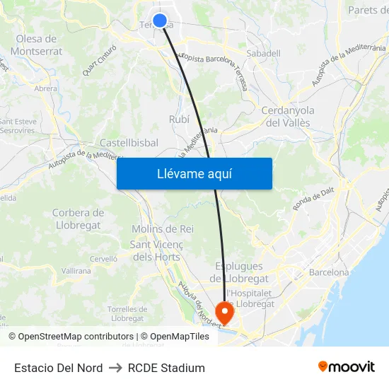 Estacio Del Nord to RCDE Stadium map