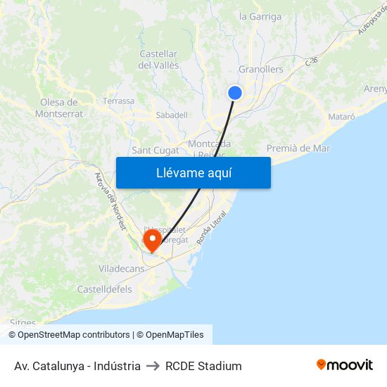 Av. Catalunya - Indústria to RCDE Stadium map