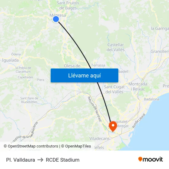 Pl. Valldaura to RCDE Stadium map