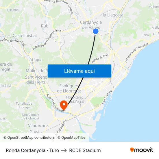 Ronda Cerdanyola - Turó to RCDE Stadium map