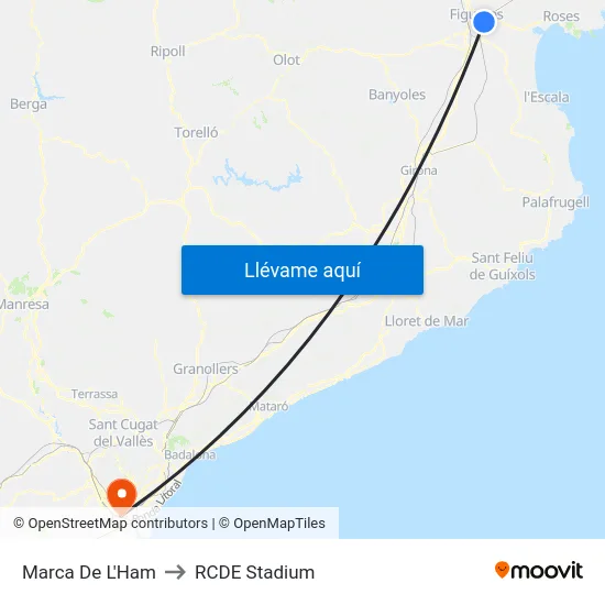 Marca De L'Ham to RCDE Stadium map