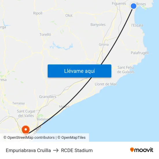 Empuriabrava Cruïlla to RCDE Stadium map