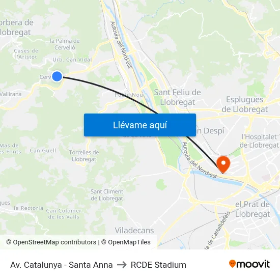 Av. Catalunya - Santa Anna to RCDE Stadium map