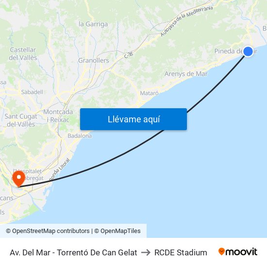 Av. Del Mar - Torrentó De Can Gelat to RCDE Stadium map