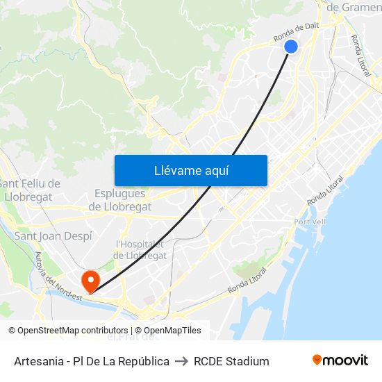 Artesania - Pl De La República to RCDE Stadium map