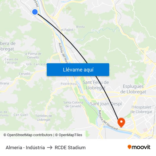 Almeria - Indústria to RCDE Stadium map