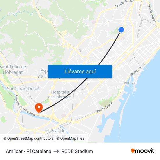 Amílcar - Pl Catalana to RCDE Stadium map
