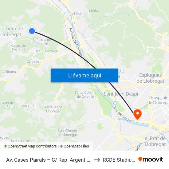 Av. Cases Pairals – C/ Rep. Argentina to RCDE Stadium map