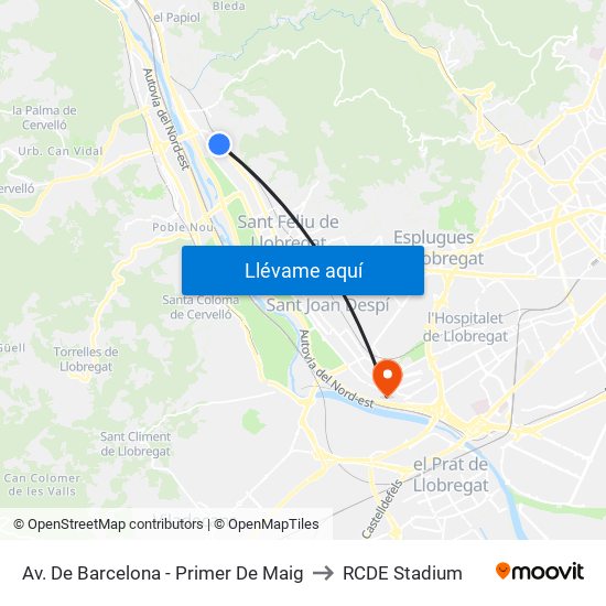 Av. De Barcelona - Primer De Maig to RCDE Stadium map