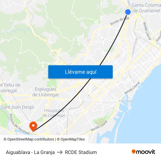 Aiguablava - La Granja to RCDE Stadium map