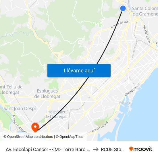 Av. Escolapi Càncer - <M> Torre Baró I Vallbona to RCDE Stadium map