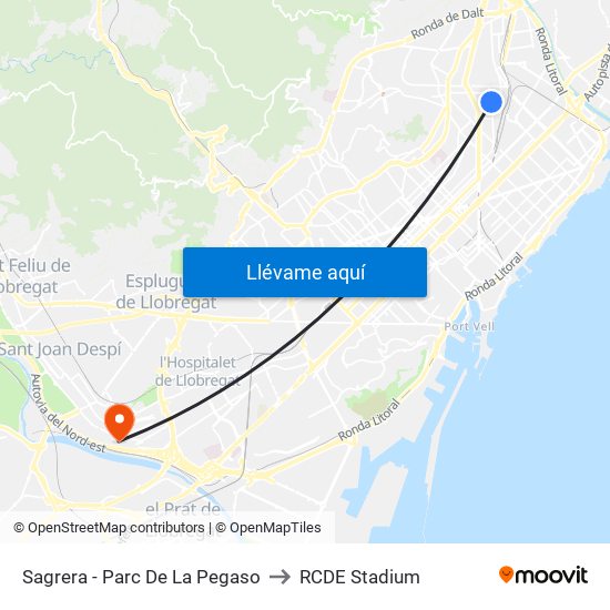 Sagrera - Parc De La Pegaso to RCDE Stadium map