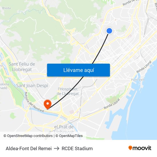 Aldea-Font Del Remei to RCDE Stadium map