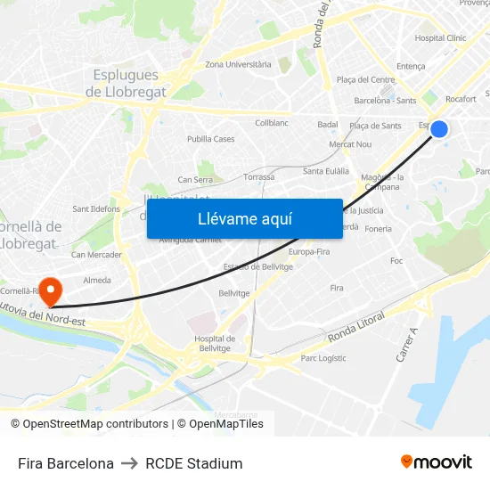 Fira Barcelona to RCDE Stadium map