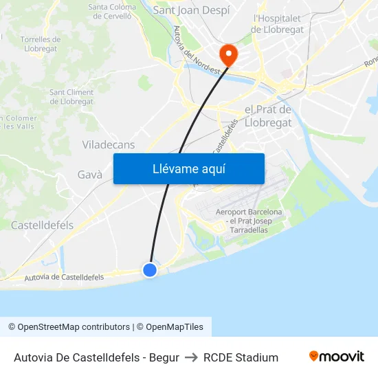 Autovia De Castelldefels - Begur to RCDE Stadium map