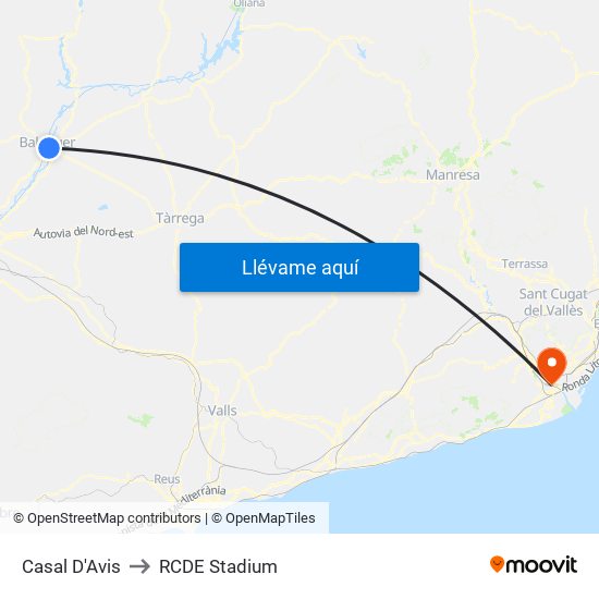 Casal D'Avis to RCDE Stadium map