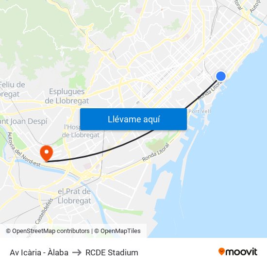 Av Icària - Àlaba to RCDE Stadium map