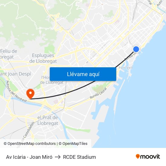 Av Icària - Joan Miró to RCDE Stadium map