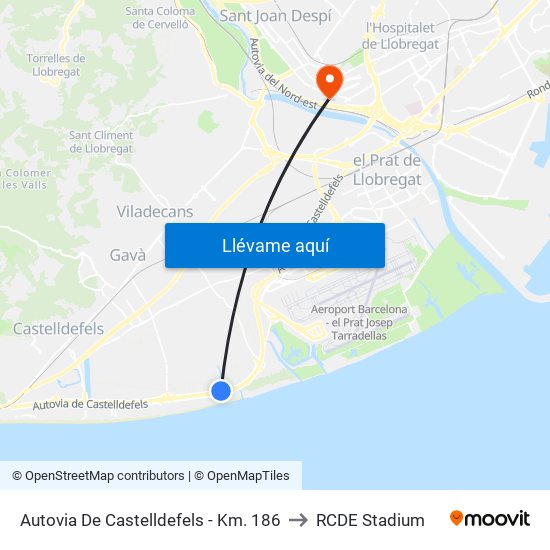 Autovia De Castelldefels - Km. 186 to RCDE Stadium map