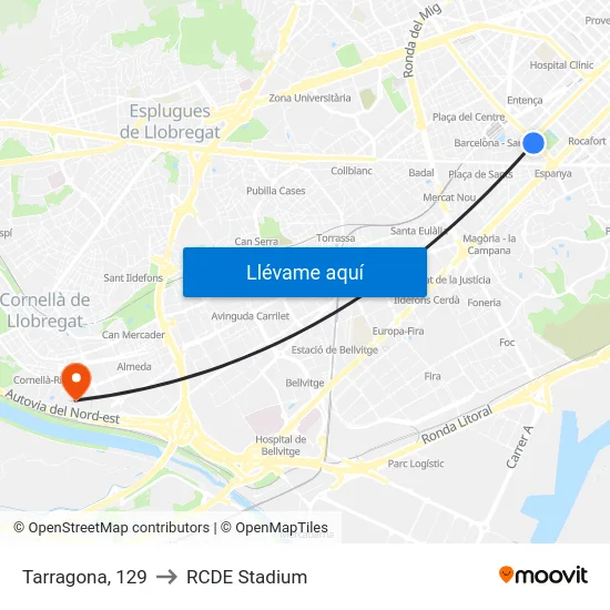 Tarragona, 129 to RCDE Stadium map