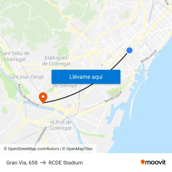 Gran Via, 658 to RCDE Stadium map