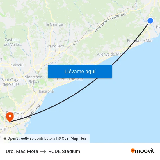 Urb. Mas Mora to RCDE Stadium map